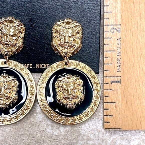 Brand New House of Harlow 1960 Lion Head Gold Tone Black Statement Drop Earring - Picture 8 of 14